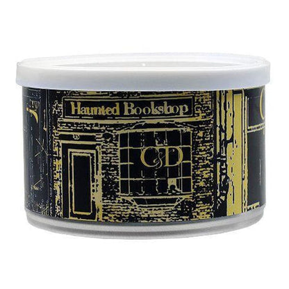 Cornell & Diehl Haunted Bookshop premium pipe tobacco in a 2oz package, featuring dark, aromatic tobacco leaves in a resealable bag.