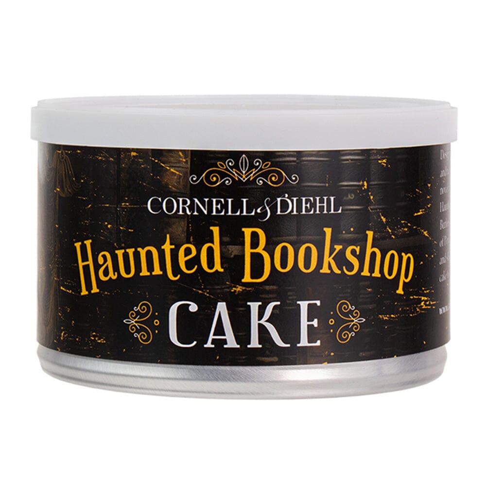 Cornell & Diehl Haunted Bookshop Cake Pipe Tobacco in a tin, showcasing the rich, dark blend with detailed label imagery.