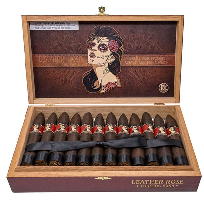 Premium Deadwood Leather Rose Maduro Torpedo cigar with dark, rich wrapper and detailed band, showcasing its premium quality.