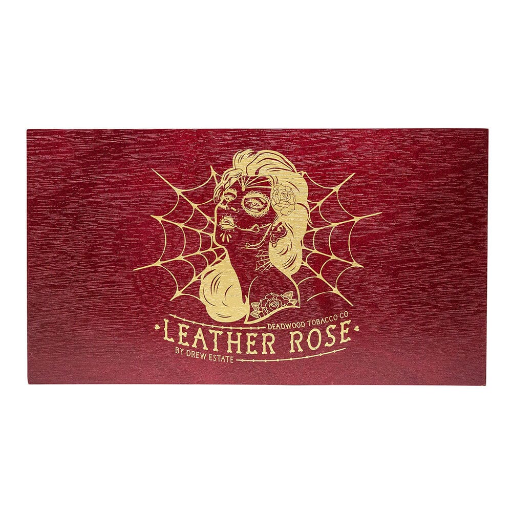 Deadwood Leather Rose Maduro Torpedo premium cigar with dark, oily wrapper and band featuring leather rose design on the cigar.