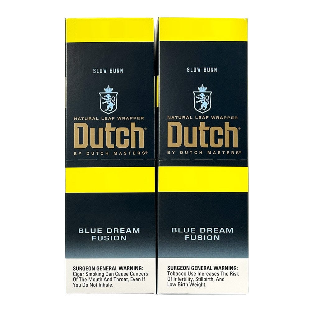 Machine-made Dutch Masters Blue Dream Fusion cigarillos featuring blue packaging and premium tobacco in a close-up shot.