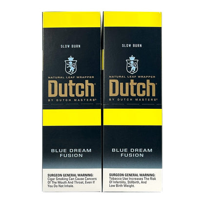 Machine-made Dutch Masters Blue Dream Fusion cigarillos featuring blue packaging and premium tobacco in a close-up shot.