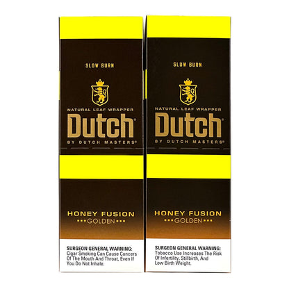 Machine-made Dutch Masters Honey Fusion Cigarillos with honey-infused wrapper in a pack, showcasing smooth, flavorful cigars.