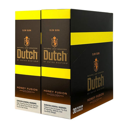 Machine-made Dutch Masters Honey Fusion cigarillos with honey-infused wrapper and textured packaging, displayed in a close-up shot.