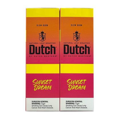 Machine-made Dutch Masters Sunset Dream Fusion cigarillos in a pack, featuring colorful packaging and the Dutch Masters branding.