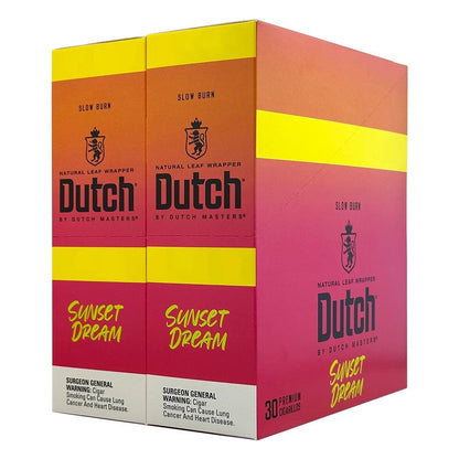 Machine-made Dutch Masters Sunset Dream Fusion cigarillos in a pack, showcasing the rich tobacco leaves and vibrant packaging.