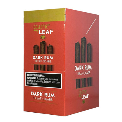 Machine-made Game Leaf Dark Rum cigarillos in a pack, showcasing dark leaf wrappers and the product branding.