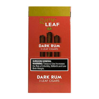 Machine-made Game Leaf Dark Rum Cigarillos in a pack with dark leaf wrapper and branding visible.