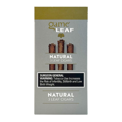 Machine-made Game Leaf Natural Cigarillos in a pack, showcasing the smooth tobacco leaves and packaging design.