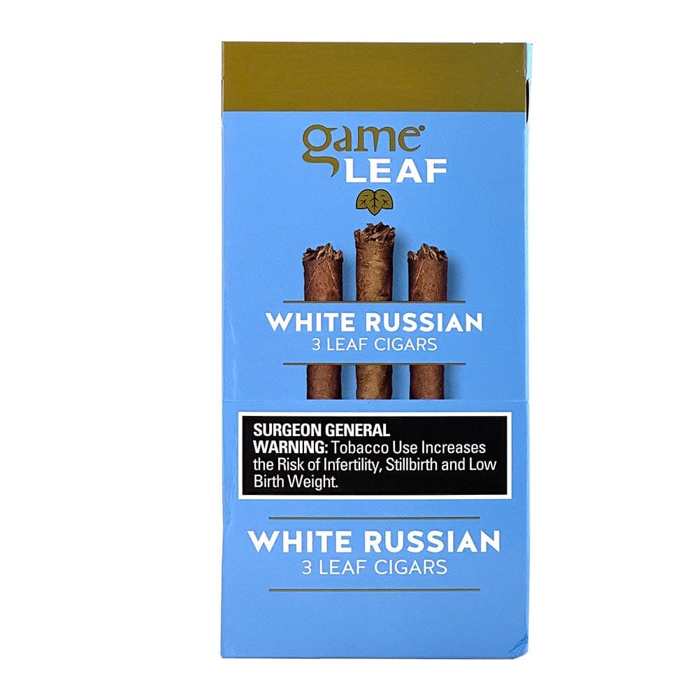 Machine-made Game Leaf White Russian Cigarillos, showing their smooth white wrapper and compact cylindrical shape.