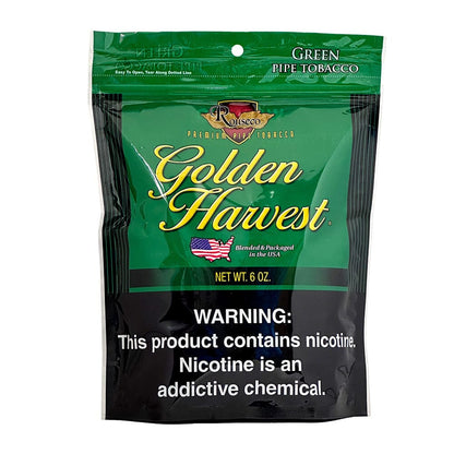 Golden Harvest Menthol green pipe tobacco in a 6oz bag, showcasing fresh green menthol-infused tobacco leaves.