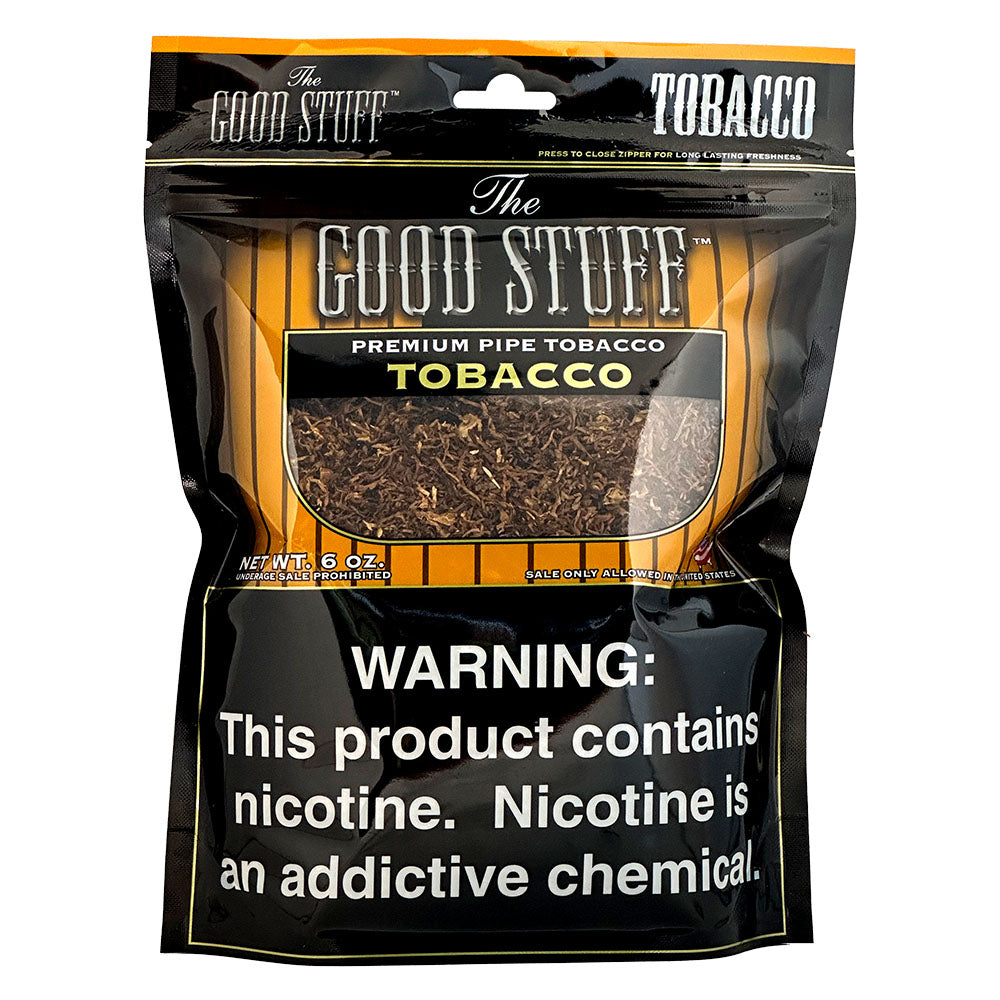 Good Stuff Natural Pipe Tobacco in a 6oz package, showing the tobacco blend in a clear bag with a label.