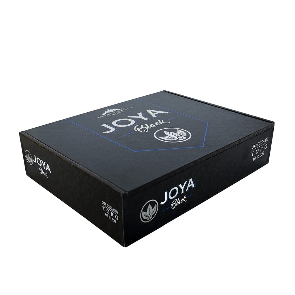 Joya de Nicaragua Black premium cigar box with several cigars, featuring dark wrappers and elegant branding.