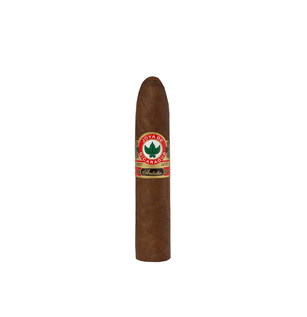 Joya de Nicaragua Antano Gran Consul premium cigar box with three cigars, showcasing dark, finely crafted tobacco wrappers.