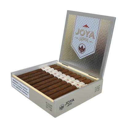 Joya de Nicaragua Silver premium cigar with dark brown wrapper and band, displayed on a wooden surface.