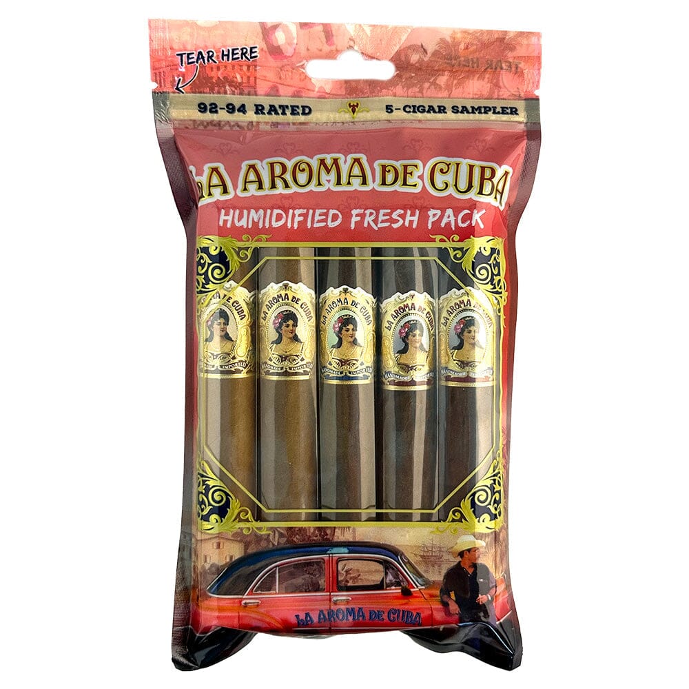 Assorted La Aroma de Cuba premium cigars from the 92-94 rated fresh pack sampler, featuring various cigar sizes and bands.