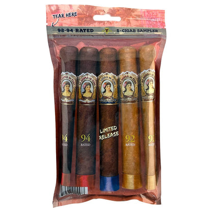 Assorted La Aroma de Cuba premium cigars from the 92-94 rated sampler pack, featuring various cigar sizes and wrappers.