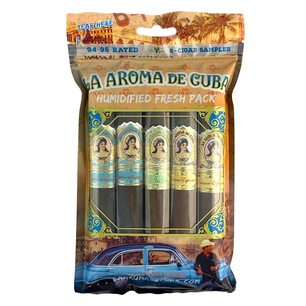 Assorted La Aroma de Cuba premium cigars in a fresh pack sampler, showcasing high ratings and high-quality cigar packaging.