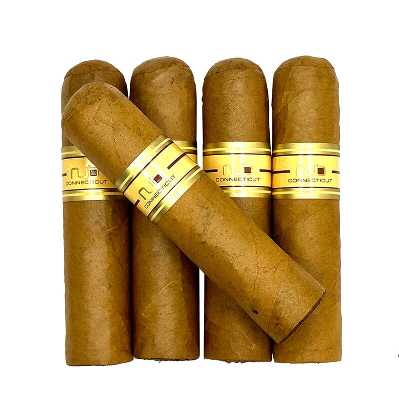 Five Nub Connecticut premium cigars with smooth, light-colored wrappers arranged together in a pack.