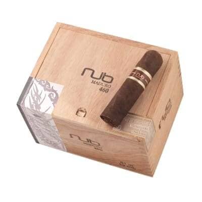 Nub Maduro premium cigar from Nub, showcasing a dark, richly textured Maduro wrapper with the cigar's band visible.