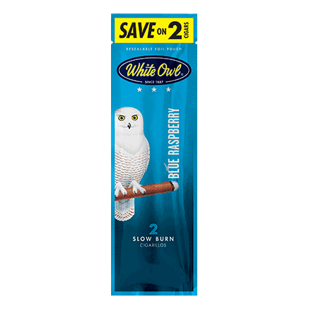 White Owl Blue Raspberry Cigarillos in a pouch, showcasing the machine-made cigarillos with blue raspberry flavor packaging.