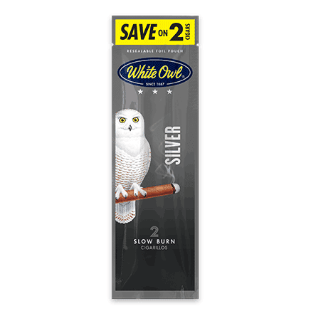 White Owl Silver Cigarillos pouch showing silver packaging, machine-made white cigarillos from the White Owl brand.