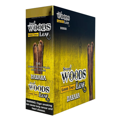 Machine-made Sweet Woods Banana Cigars by Good Times, featuring banana-flavored cigars with textured wrapper and vibrant packaging.