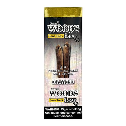 Machine-made Sweet Woods Diamond Cigars by Good Times, showing a close-up of the cigar packaging and branding.