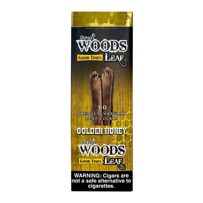 Machine-made Sweet Woods Golden Honey Cigars by Good Times featuring a pack of honey-flavored cigars with golden wrapping.