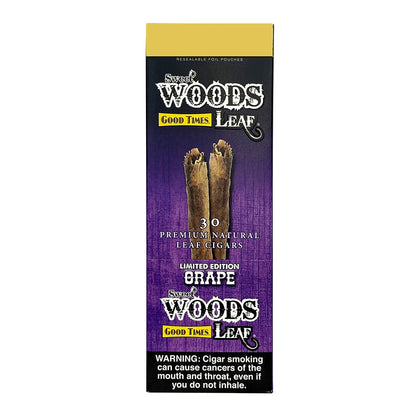 Machine-made Sweet Woods Grape Cigars by Good Times, featuring purple grape flavor and tobacco leaves in a clear view.
