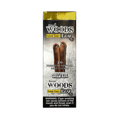 Machine-made Sweet Woods Silver Cigars by Good Times, featuring silver packaging and a close-up of the cigars in a box.