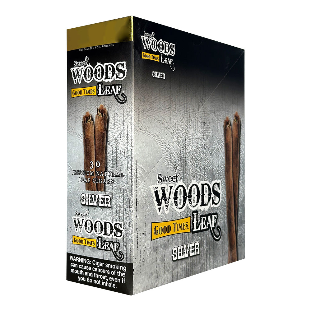 Machine-made Sweet Woods Silver Cigars by Good Times with silver packaging, displayed in a close-up shot.