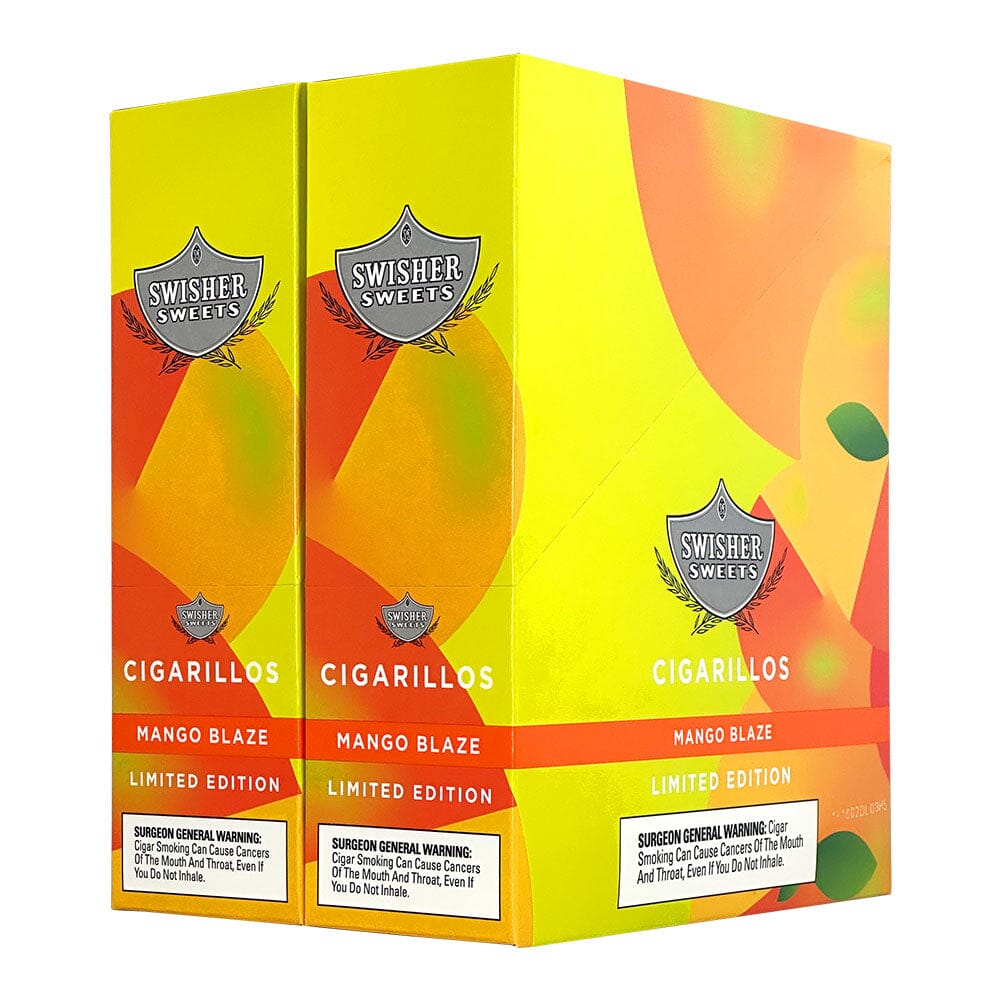 Swisher Sweets Mango Blaze cigarillos in a pack, machine-made, with vibrant mango flavor branding.