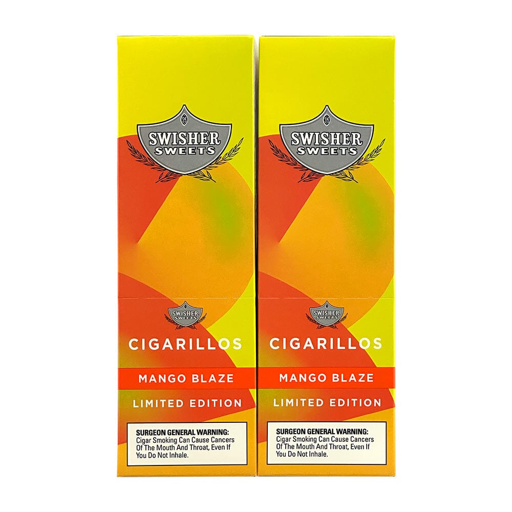 Swisher Sweets Mango Blaze cigarillos, machine-made cigars with mango flavor, displayed in a pack with vibrant mango imagery.