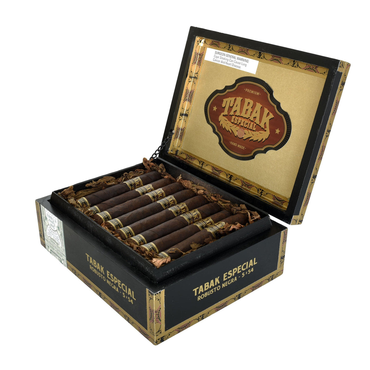 Tabak Especial Negra premium cigar in a robust size, showcasing dark wrapper and detailed cigar band.