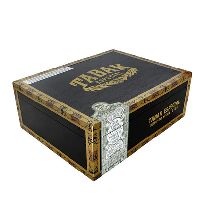 Tabak Especial Negra premium cigar in robusto size, showcasing dark wrapper and detailed band on smooth, high-quality tobacco leaf.
