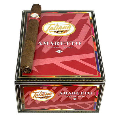 Tatiana Classic Amaretto flavored premium cigars with dark brown wrapper and gold band, displayed in a row.