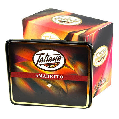 Tatiana Mini Amaretto Cigarillos, premium cigars in a sleek box with open presentation, showcasing the small, flavored cigars inside.