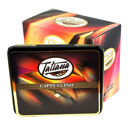 Tatiana Mini Cappuccino Cigarillos, premium cigars in a pack, showcasing the small, flavorful cigars with rich brown wrappers.