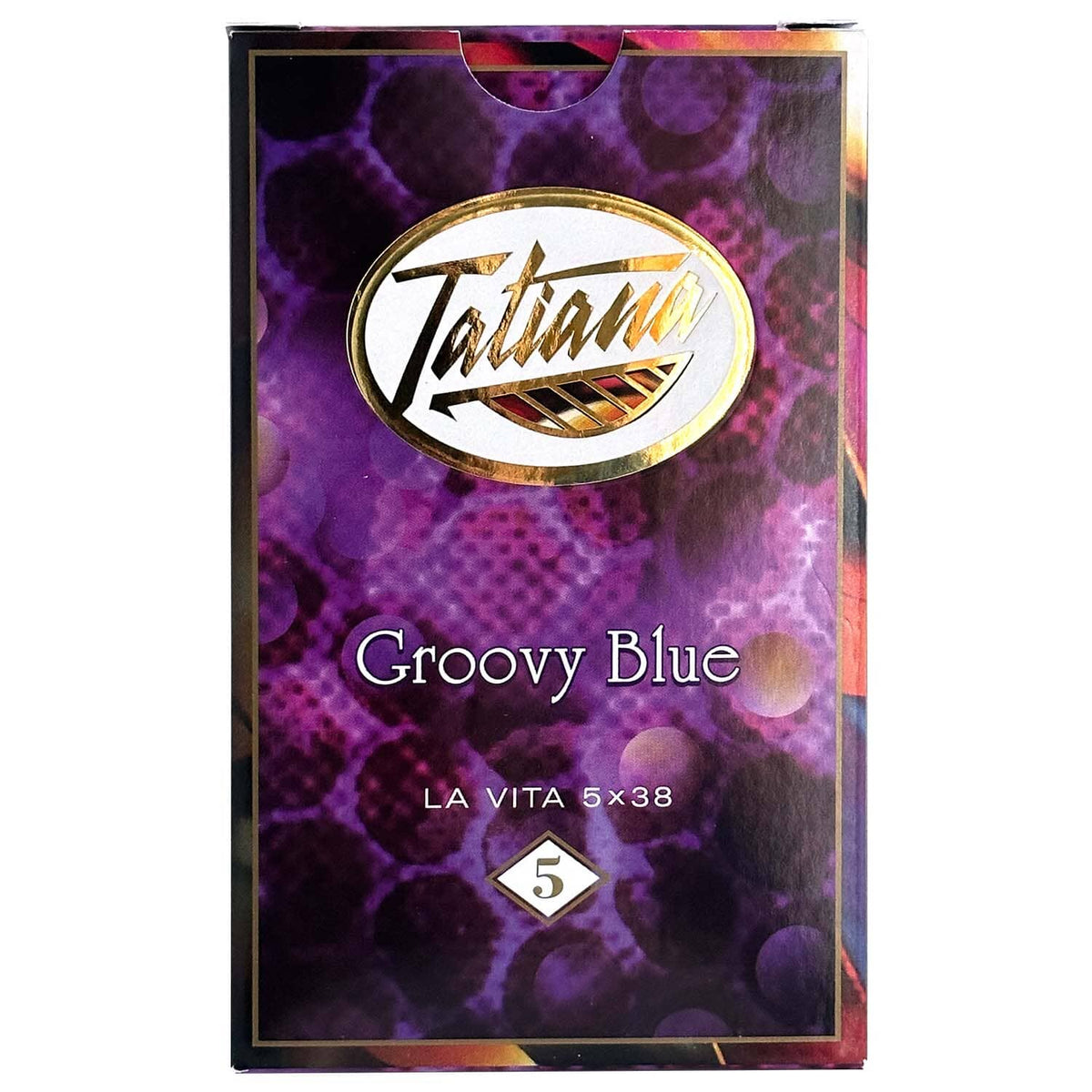 Tatiana La Vita Groovy Blue Premium Cigars in a 5x5 pack, featuring dark brown wrappers and colorful band designs.