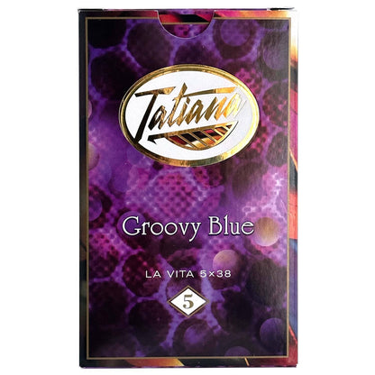 Tatiana La Vita Groovy Blue Premium Cigars in a 5x5 pack, featuring dark brown wrappers and colorful band designs.