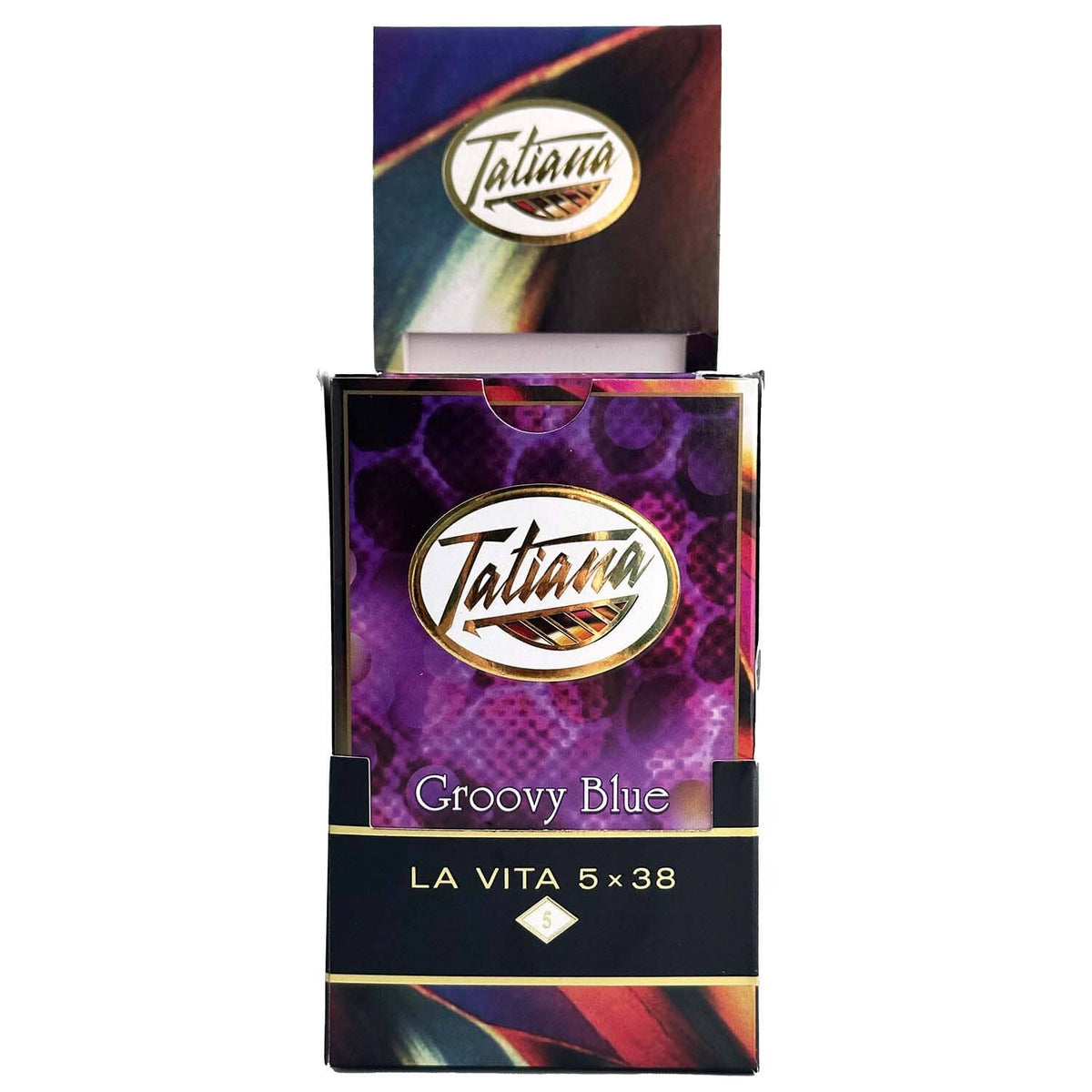 Tatiana La Vita Groovy Blue Premium Cigars displayed in a box with five cigars arranged in a 5x5 grid.