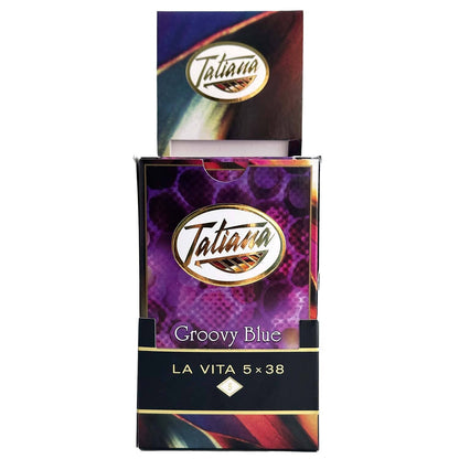 Tatiana La Vita Groovy Blue Premium Cigars displayed in a box with five cigars arranged in a 5x5 grid.
