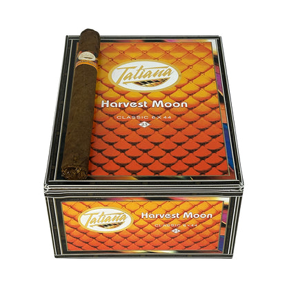 Tatiana Classic Harvest Moon flavored premium cigars displaying a box of Tatiana Harvest Moon cigars with rich packaging and branding.