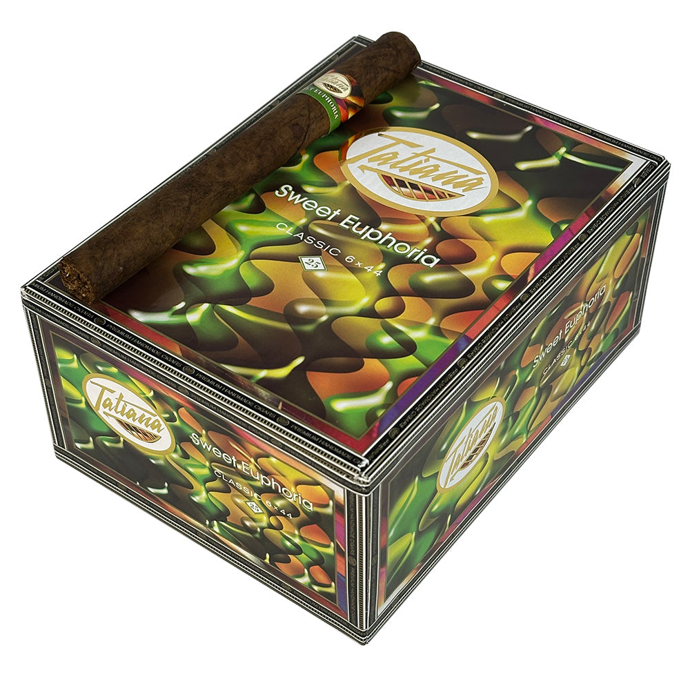 Tatiana Classic Sweet Euphoria flavored premium cigars stacked in a box, showcasing smooth, dark cigar wrappers and elegant packaging.