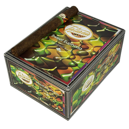 Tatiana Classic Sweet Euphoria flavored premium cigars stacked in a box, showcasing smooth, dark cigar wrappers and elegant packaging.