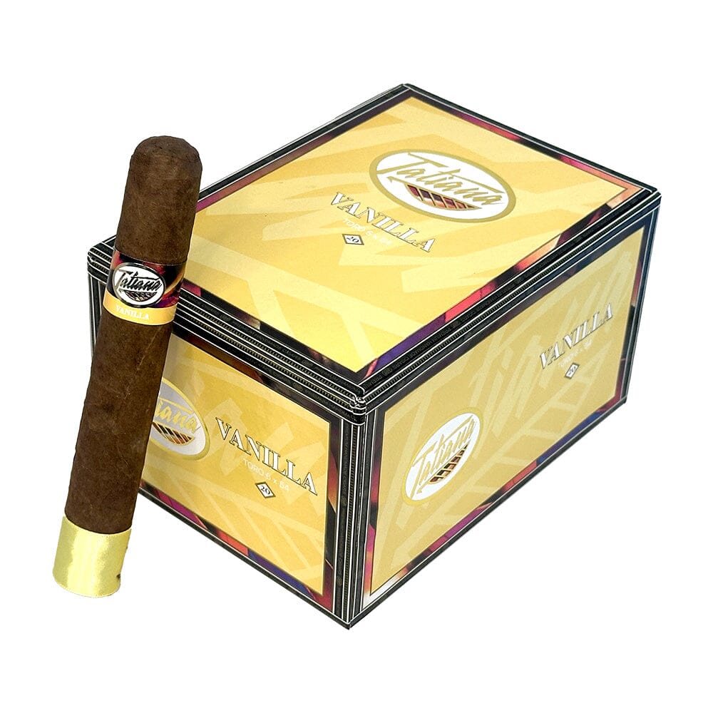 Tatiana Vanilla Toro flavored cigars in a box, featuring premium cigars with vanilla flavor and classic cigar design.