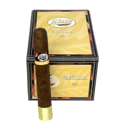 Tatiana Vanilla Toro flavored premium cigars in a 20-count box, showcasing the rich cigar band and smooth wrapper.