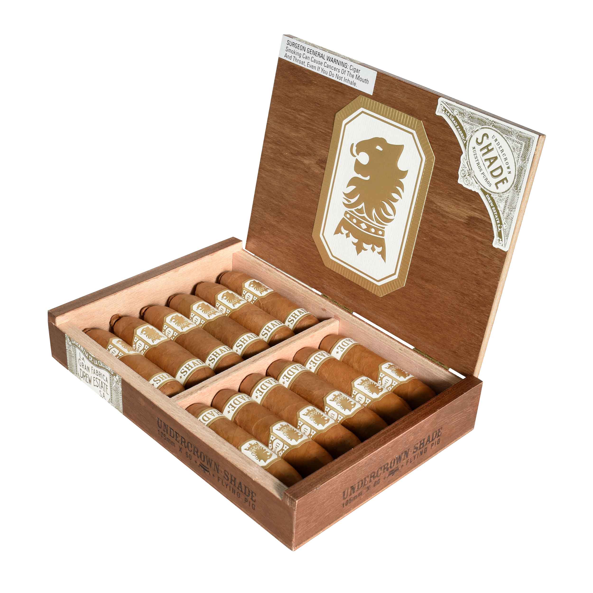 Undercrown Shade premium cigars in a Flying Pig box, showcasing the elegant cigar packaging with branding and artwork.