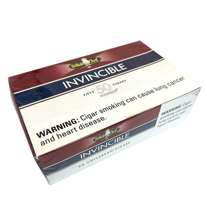 White Owl Invincible cigars in a white box, showcasing the machine-made cigar packaging by White Owl.